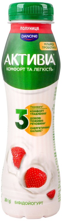 Біфідойогурт Активіа Полуниця питний з біфідобактеріями Actiregularis 1.2% 260г