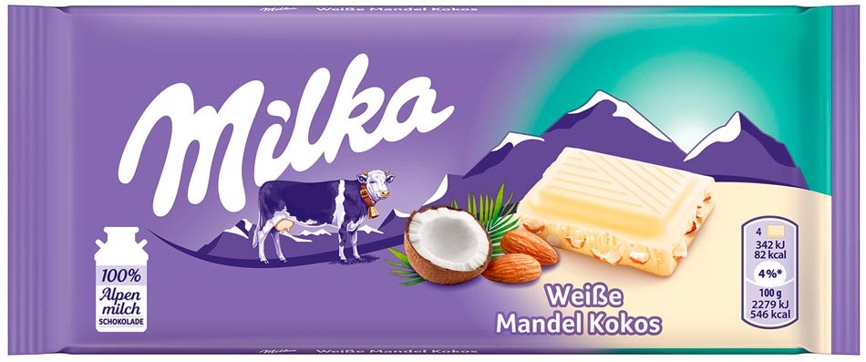 Белый шоколад Milka с миндалем и кокосом 90 г