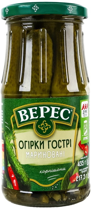 Огурцы Верес острые маринованные стерилизованные 435г