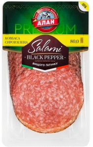 Ковбаса Алан Салямі в чорному перці с/в в/г 80 г 