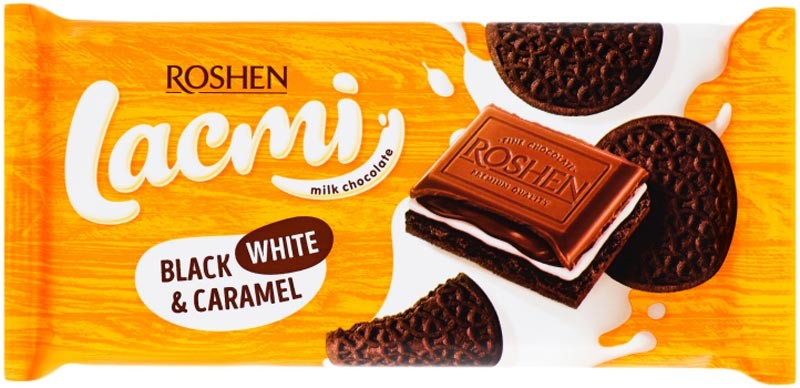 Шоколад молочний Roshen з печивом Black, White&Caramel Lacmi 100 г