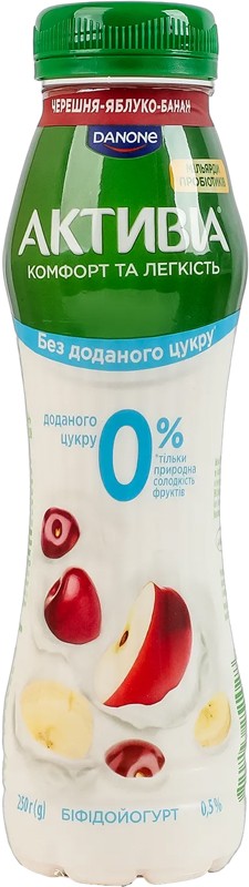 Бифидойогурт Активия Черешня-яблоко-банан без сахара 0,5% 250 г