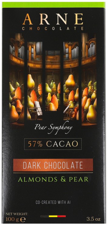 Шоколад Arne Pear symphony черный с кусочками миндаля и груши 57% 100г