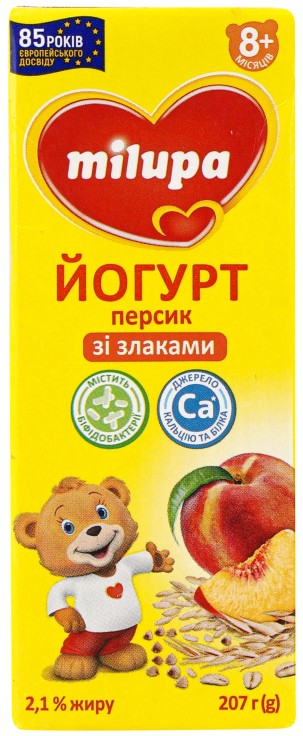 Йогурт Milupa Персик со злаками 2.1% для детей от 8-ми месяцев 207г