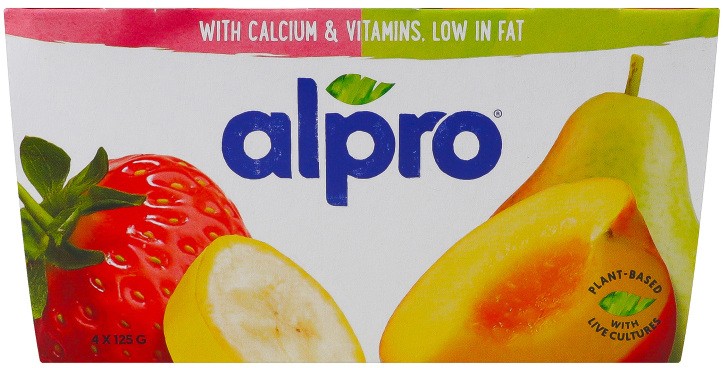 Продукт соевый Alpro Клубника-банан Персик-груша ферментированный 4*125г/уп