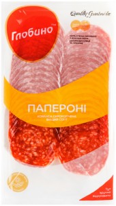 Колбаса Глобино Пепперони сырокопченая высшего сорта нарезка 80 г