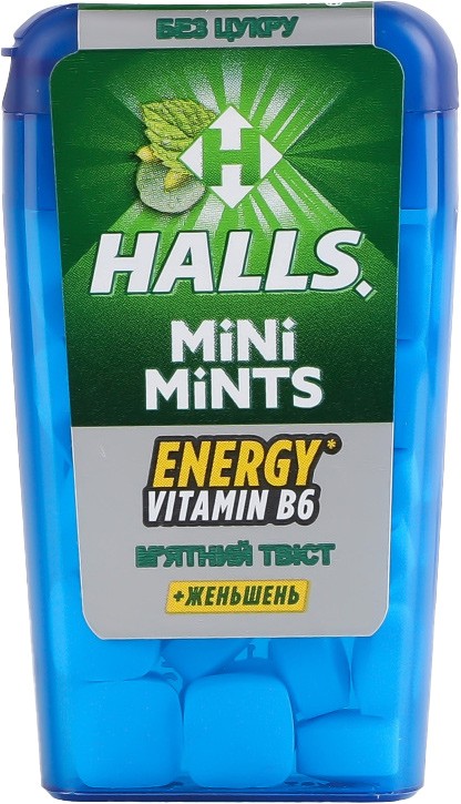 Конфеты Halls Mini Mints Мятный твист +женьшень без сахара 12.5г
