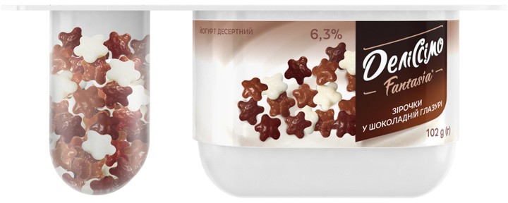 Йогурт Деліссімо Fantasia десертный и звездочки в шоколадной глазури 6.3% 102г