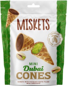 Міні-ріжки Miskets вафельні з молочним шоколадом та хрустким кадаїфі з фісташковою начинкою 50г