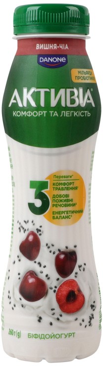 Біфідойогурт Активіа Вишня-чіа питний з біфідобактеріями Actiregularis 1.2% 260г